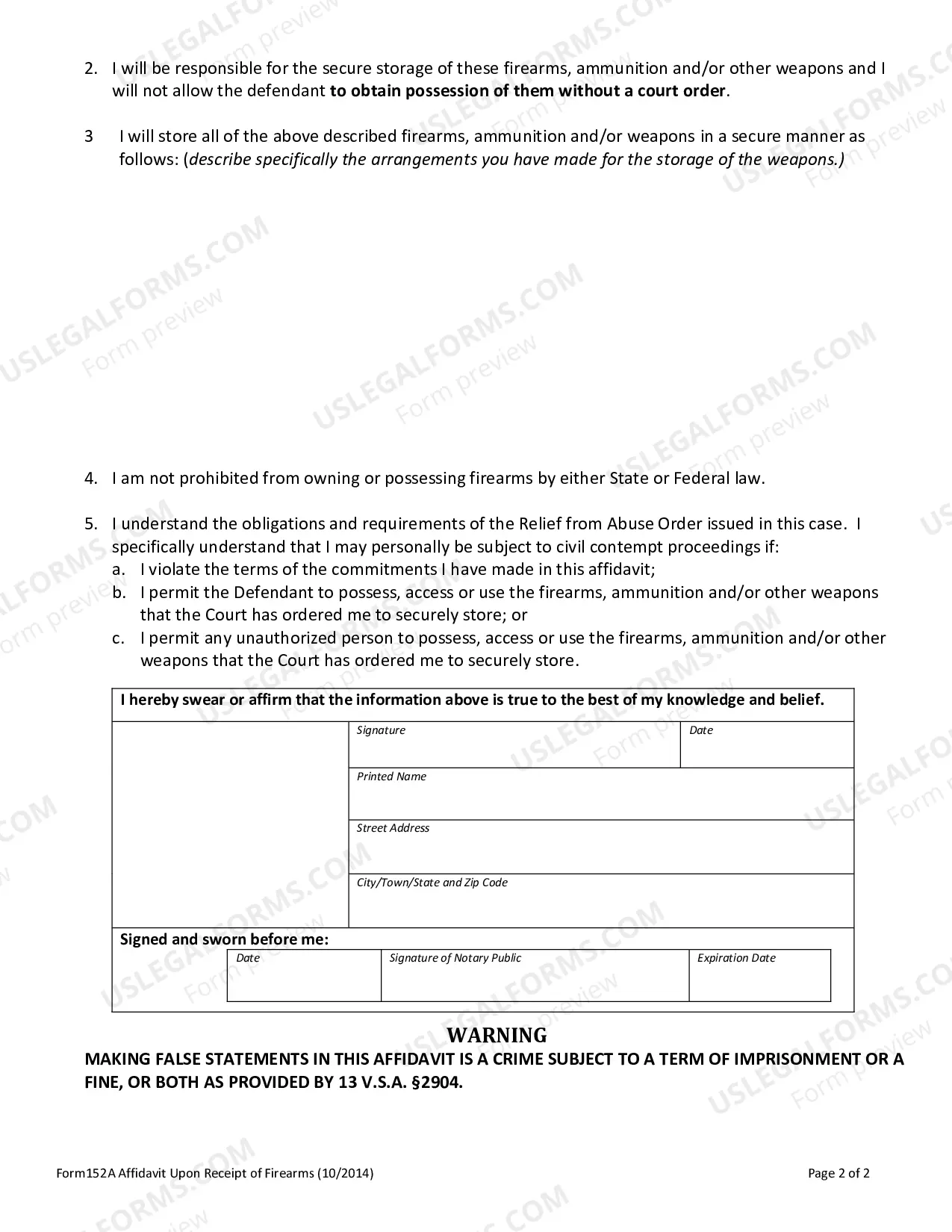 Preview Affidavit Upon Receipt of Firearms