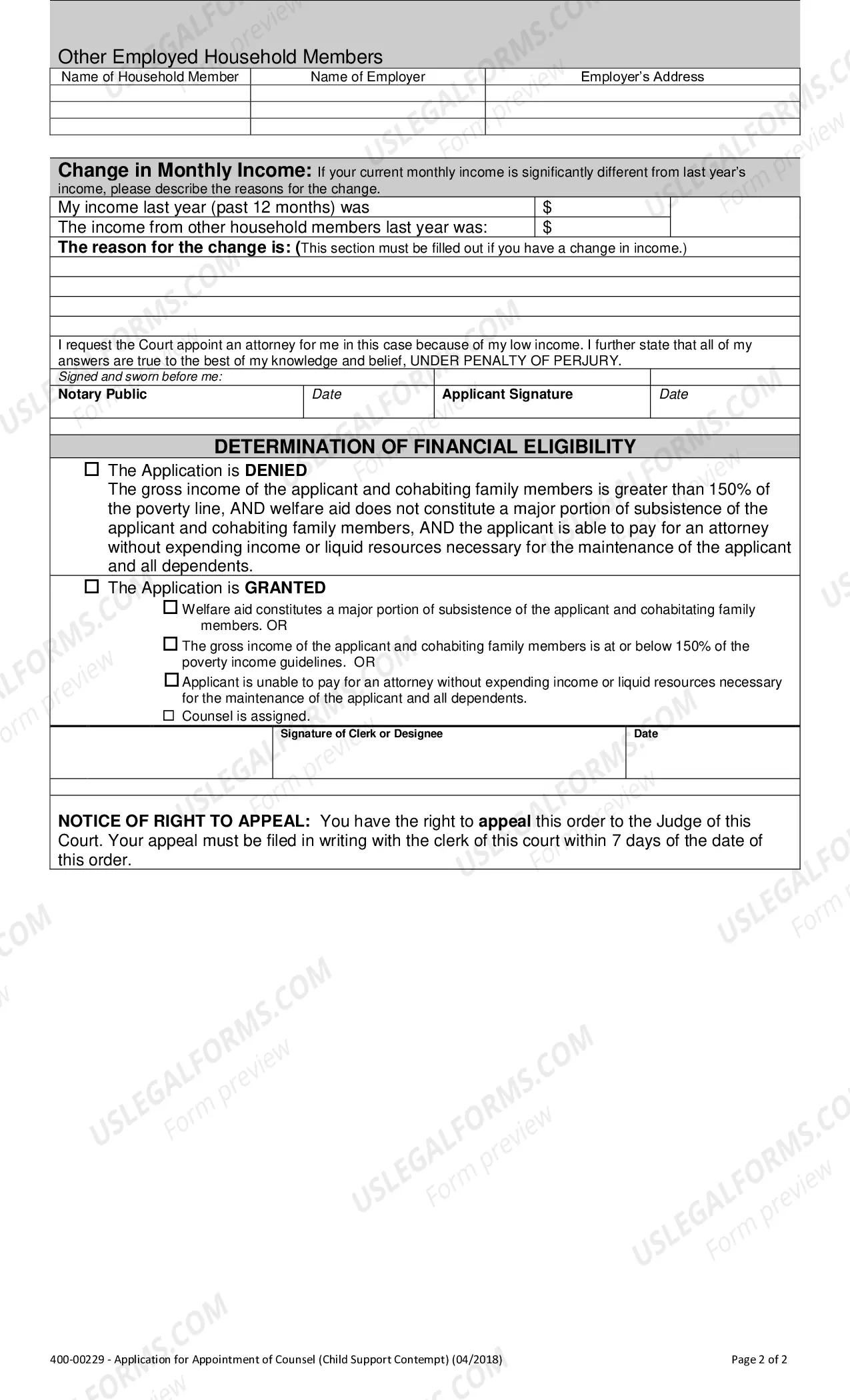 Preview Application For Appointment of Counsel (Child Support Contempt)
