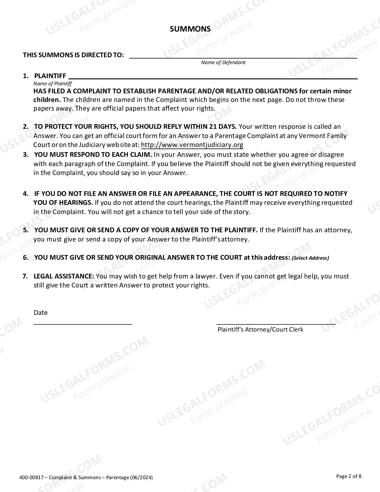 Preview Complaint for Establishment of Parentage