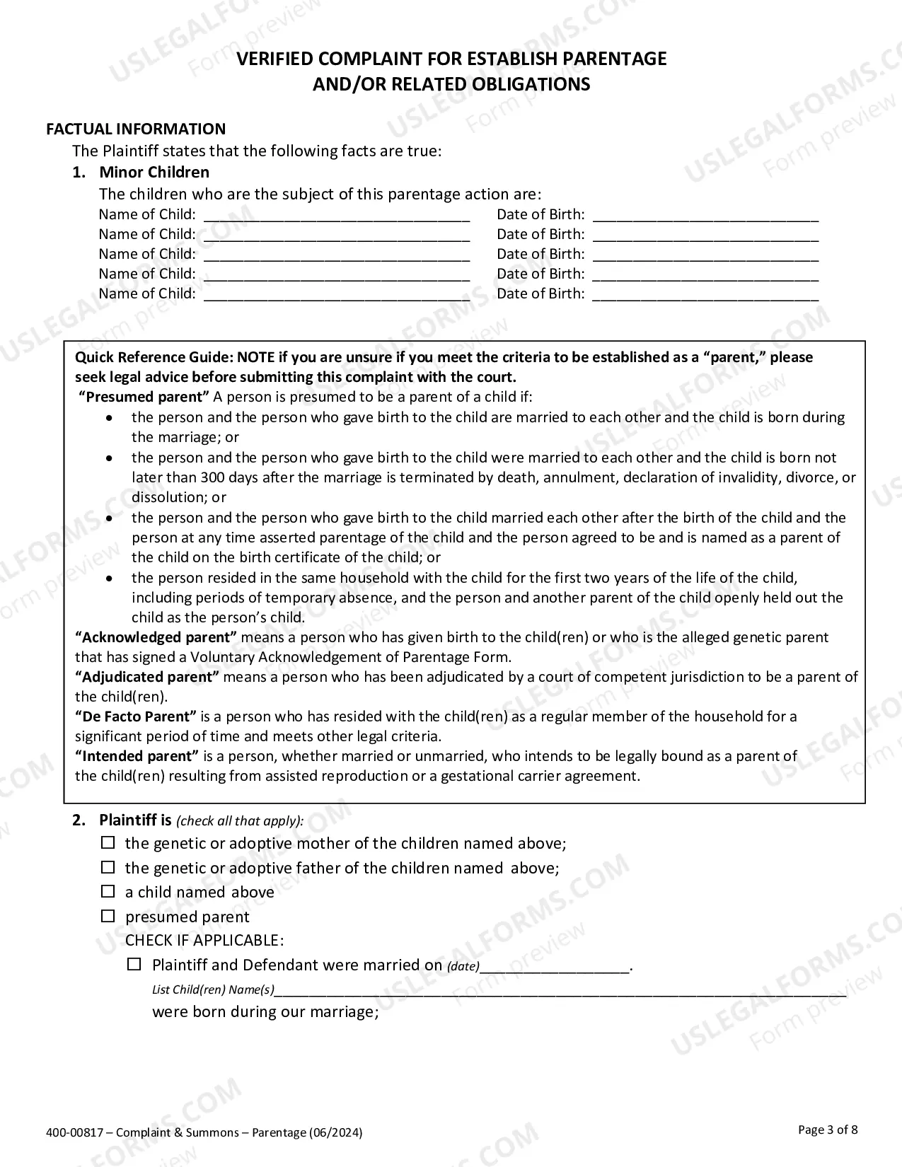 Preview Complaint for Establishment of Parentage