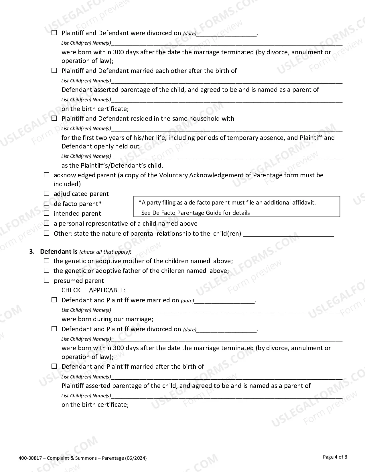 Preview Complaint for Establishment of Parentage