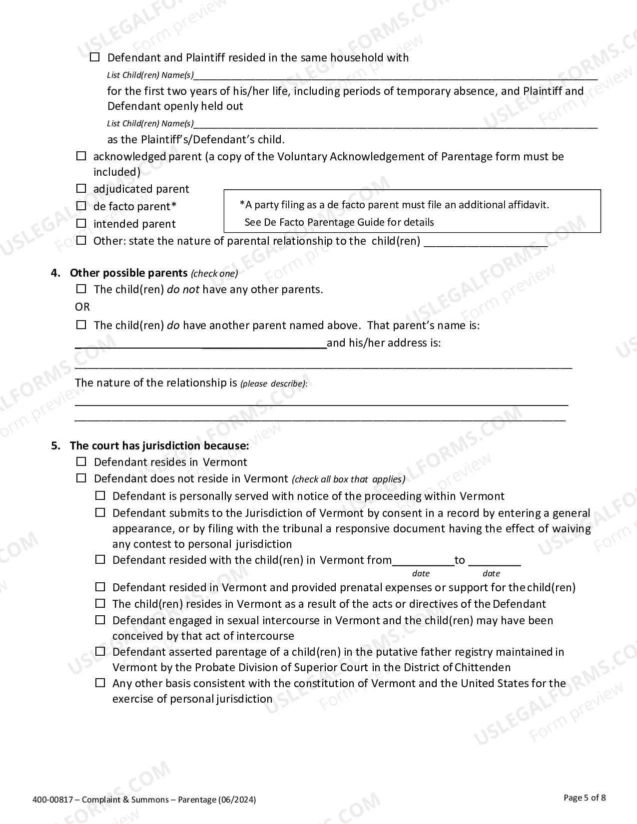 Preview Complaint for Establishment of Parentage