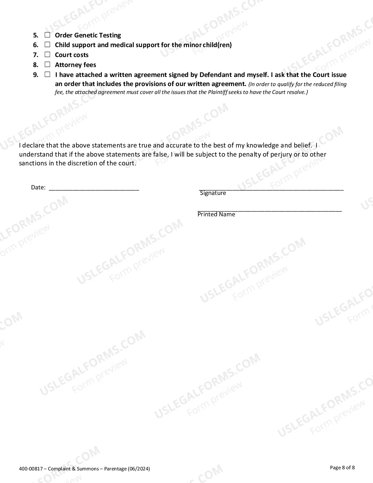 Preview Complaint for Establishment of Parentage