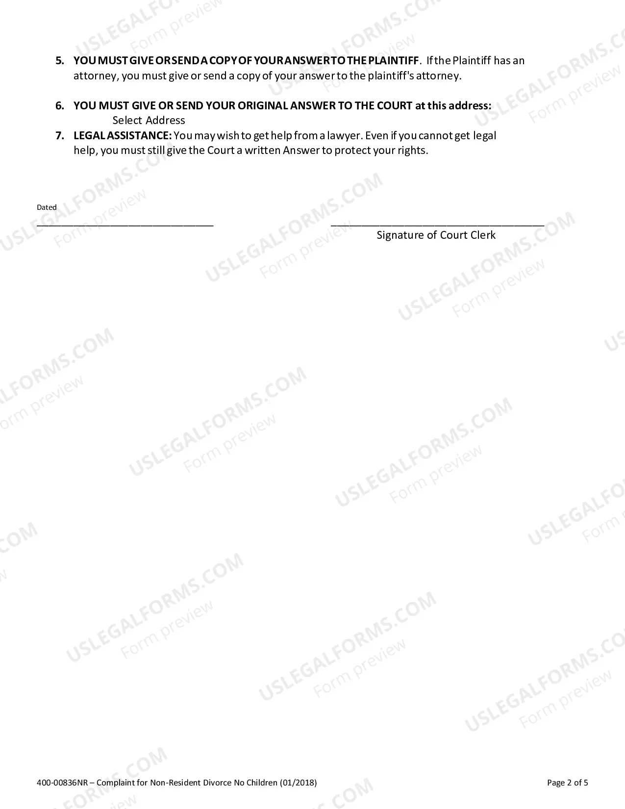 Preview Complaint for Non-Resident Divorce No Children