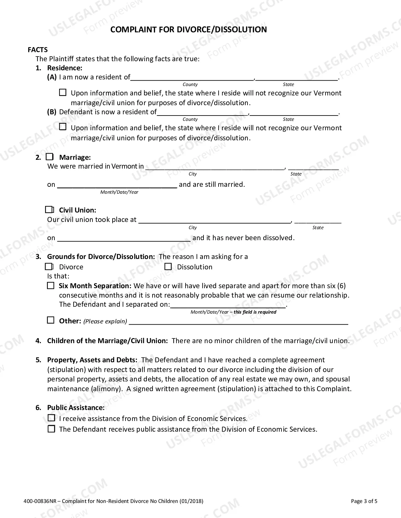 Preview Complaint for Non-Resident Divorce No Children