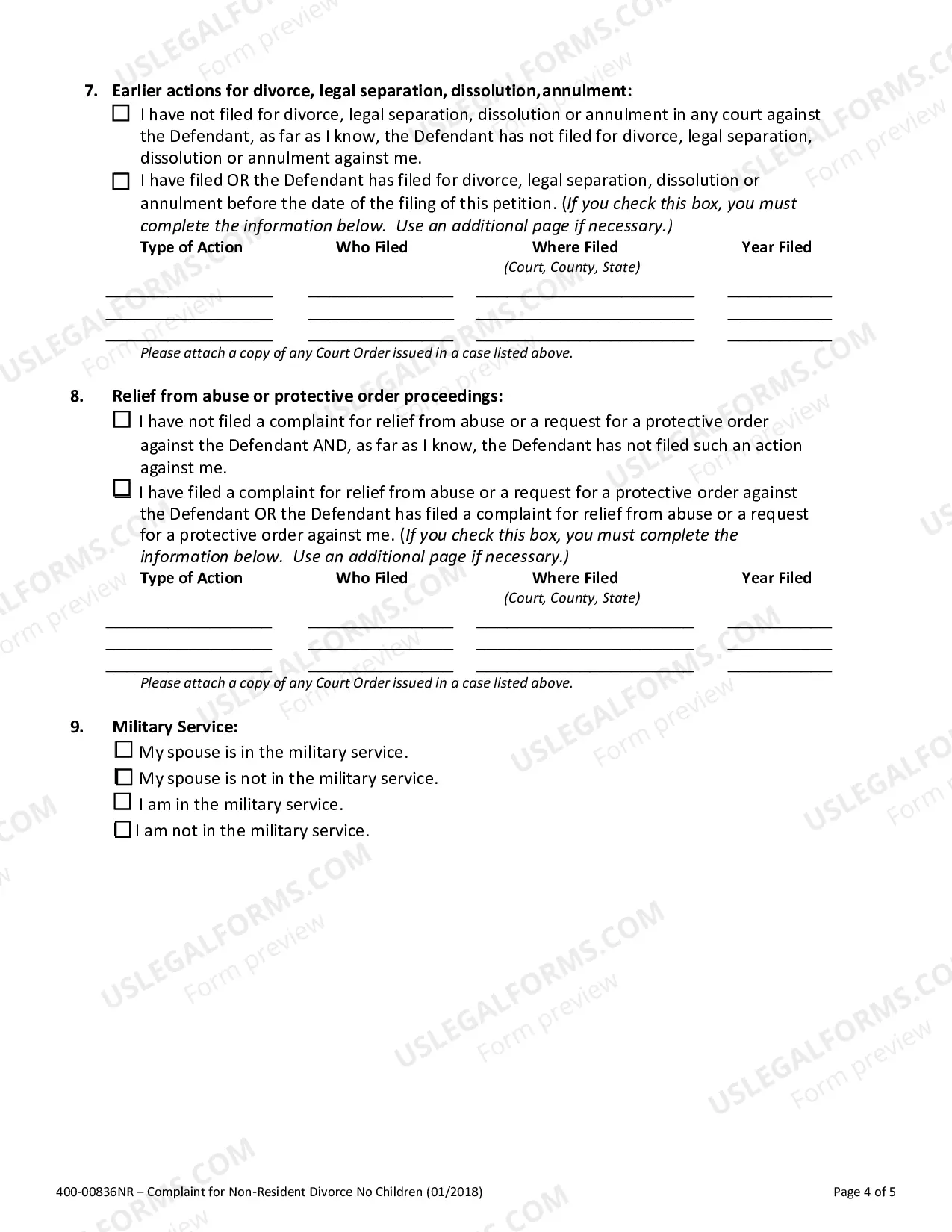 Preview Complaint for Non-Resident Divorce No Children