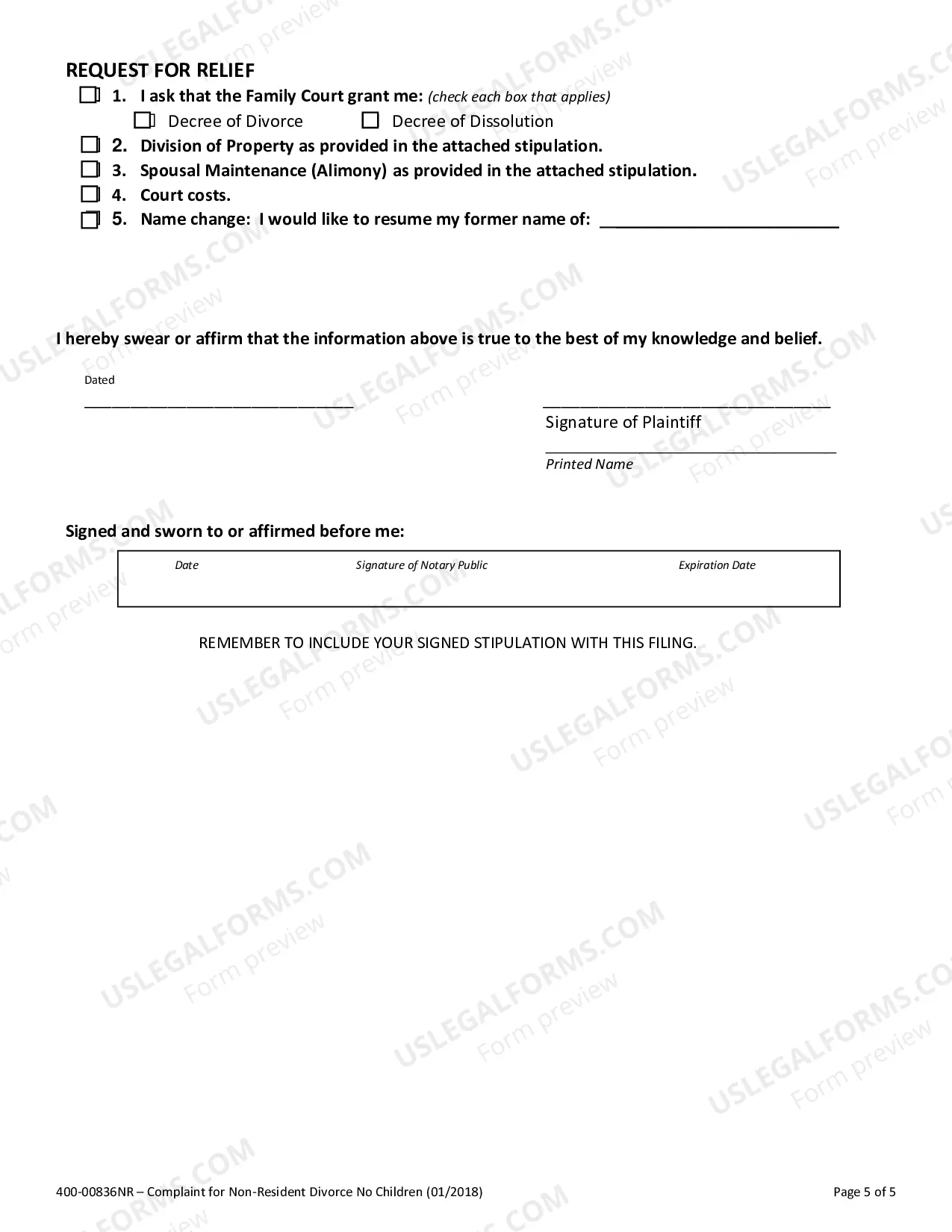 Preview Complaint for Non-Resident Divorce No Children