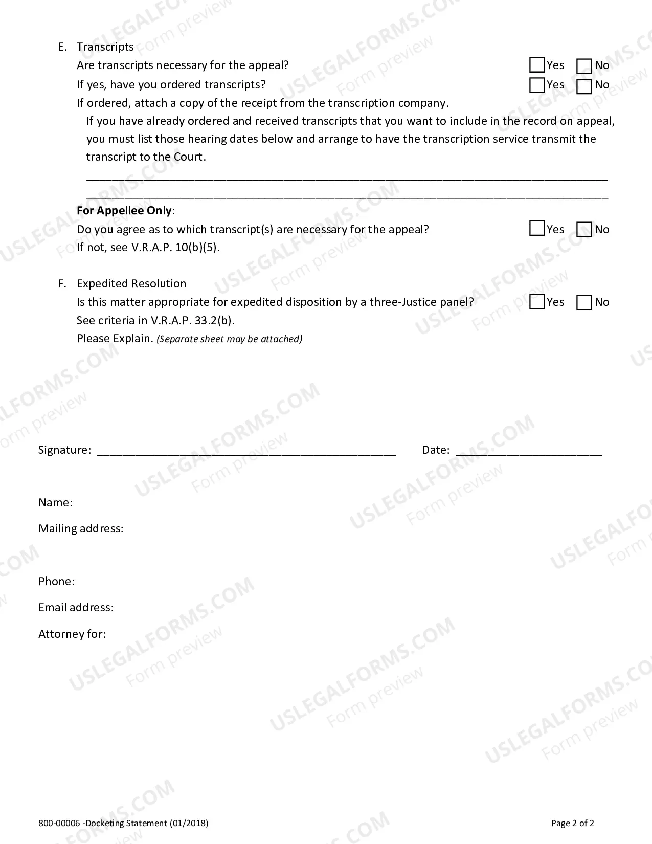 Preview Docketing Statement