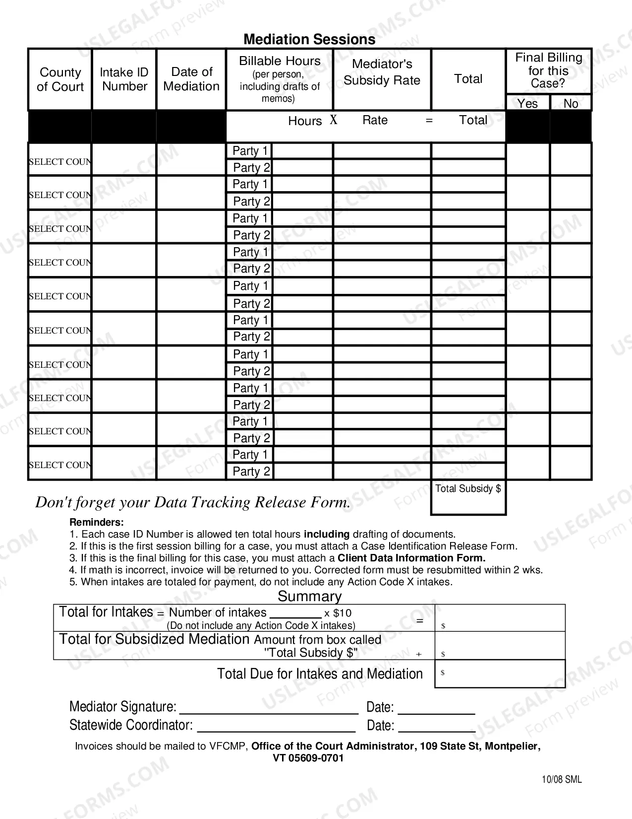 Preview Invoice for Mediation Services for Subsidy-Eligible Clients