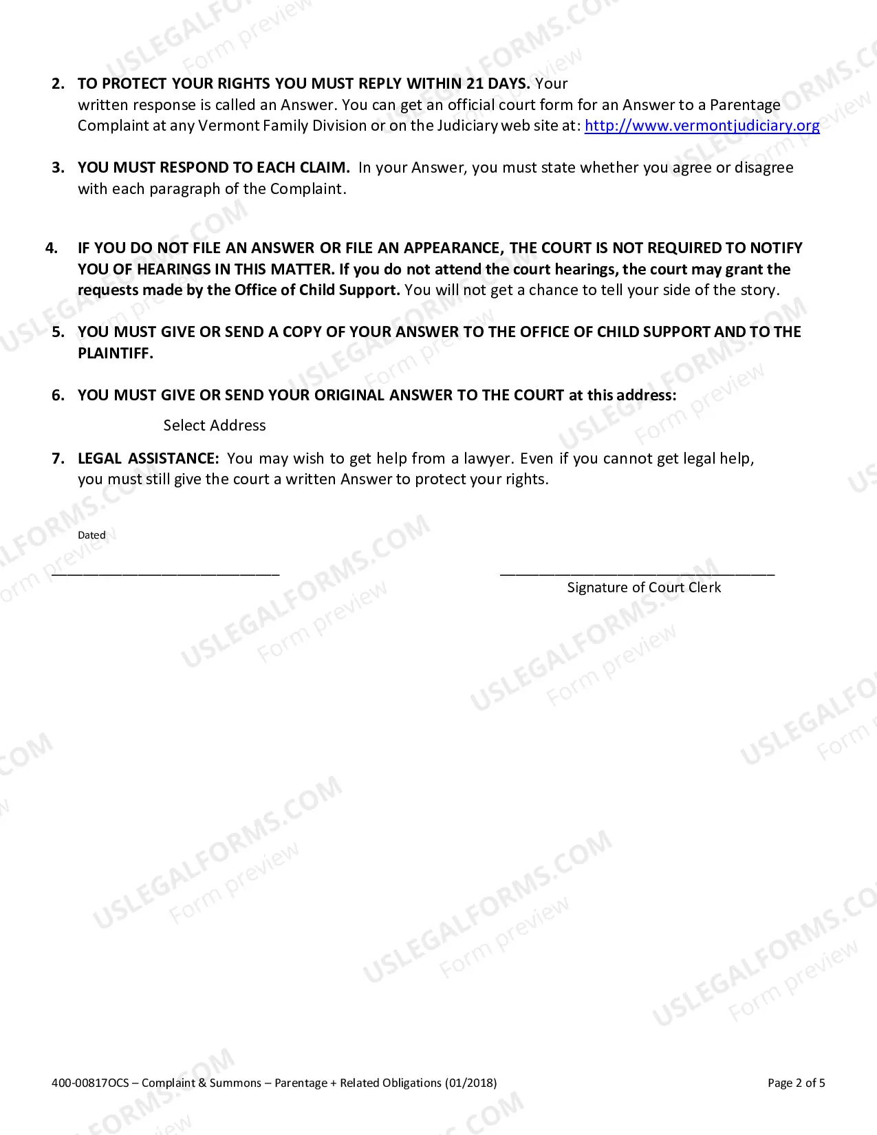 Preview OCS Parentage Complaint: Establishment of Parentage