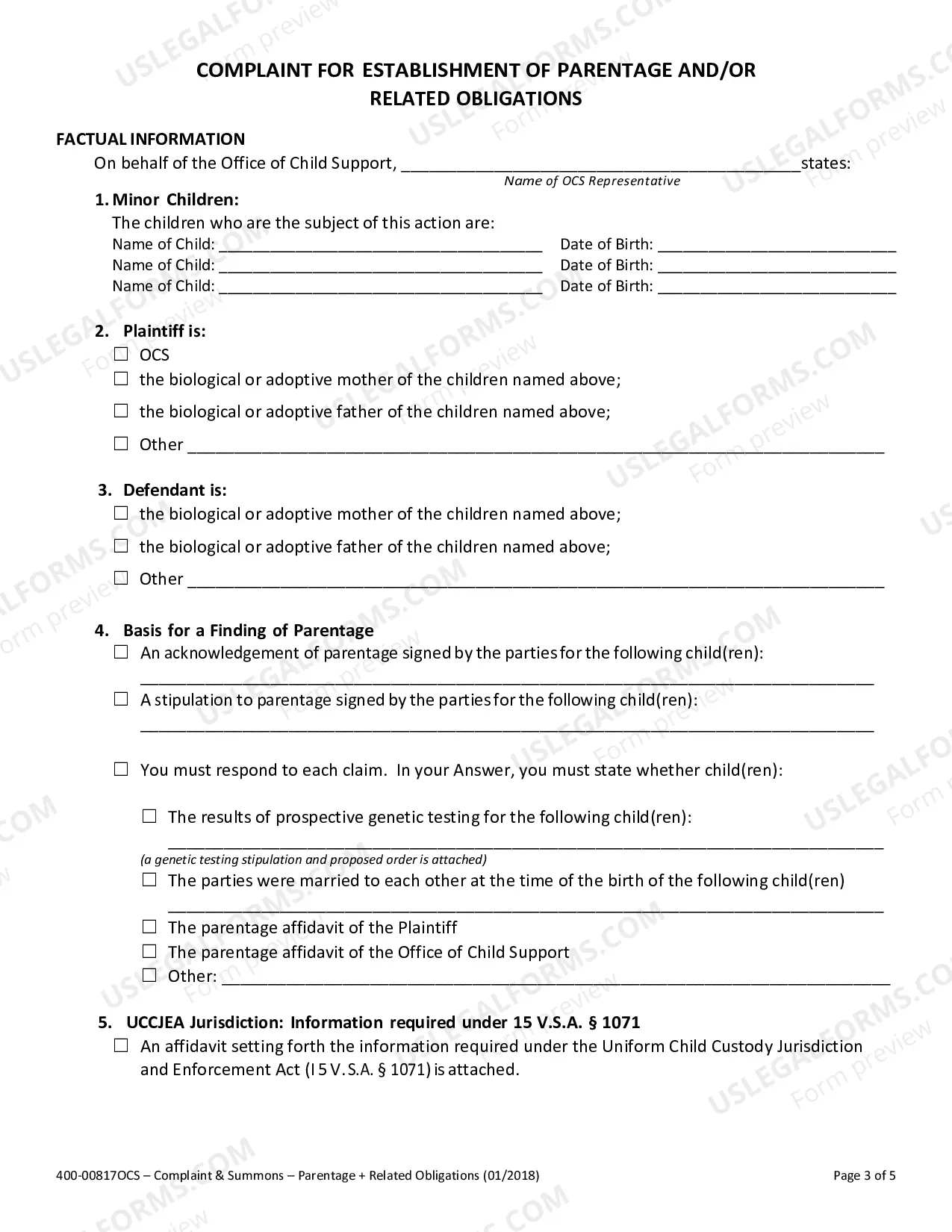 Preview OCS Parentage Complaint: Establishment of Parentage