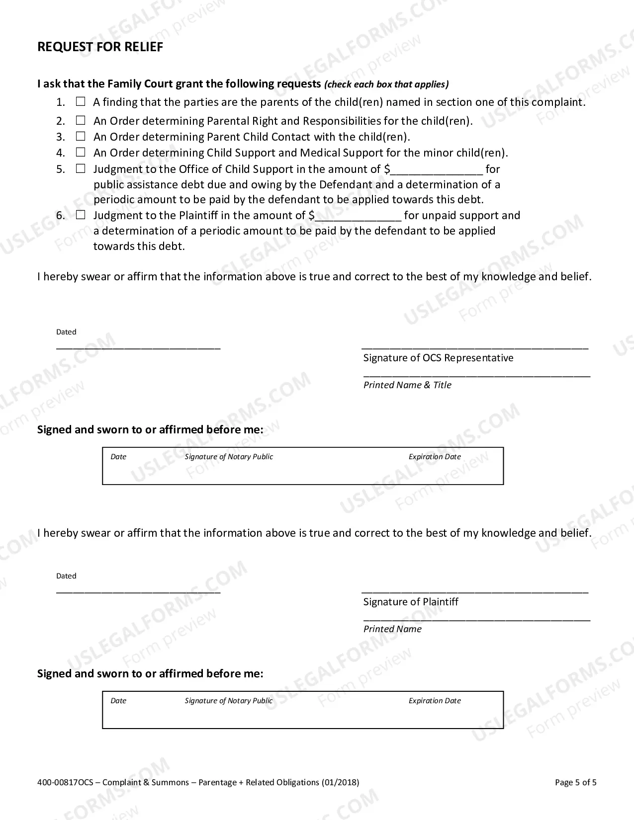 Preview OCS Parentage Complaint: Establishment of Parentage