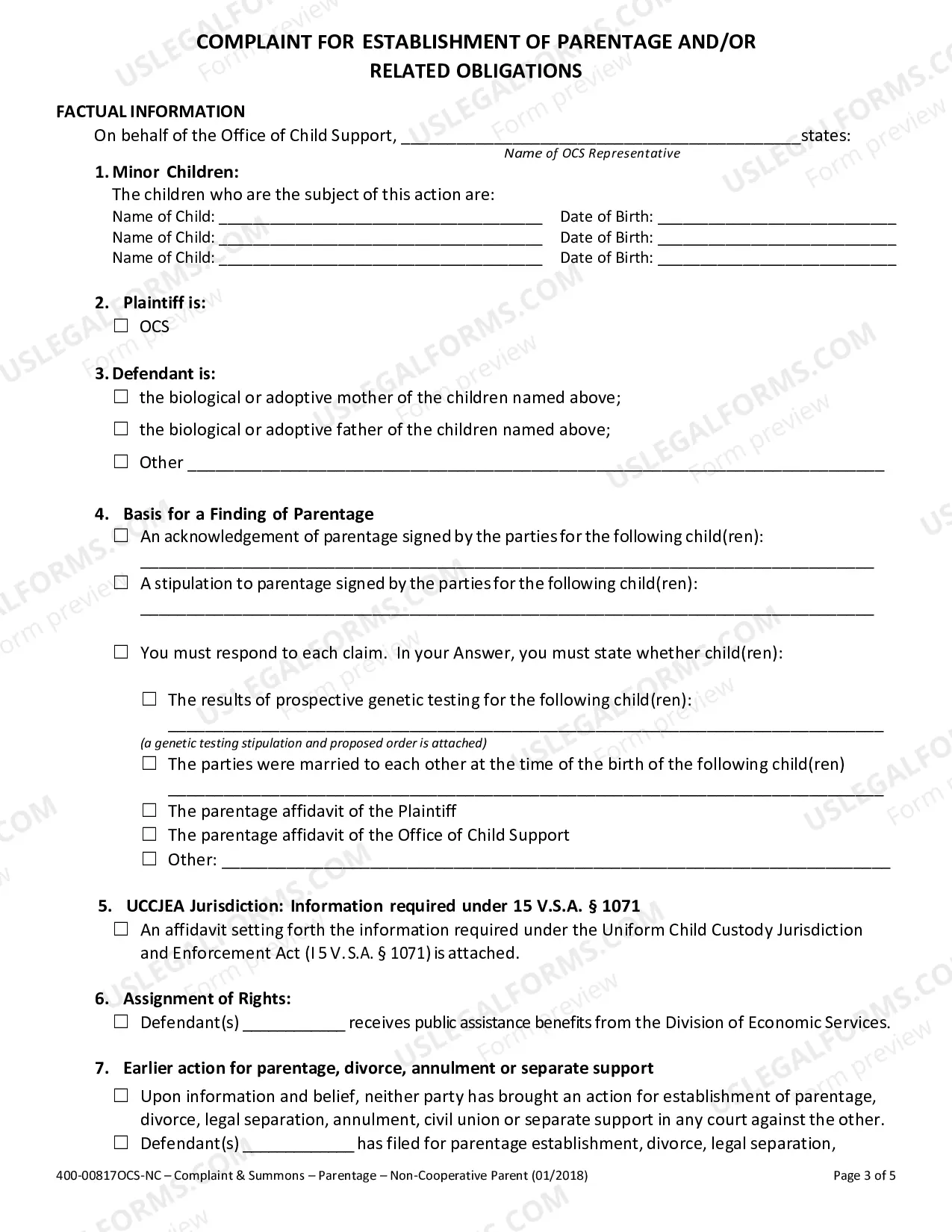 Preview OCS Parentage Complaint: Non-Cooperative Parents