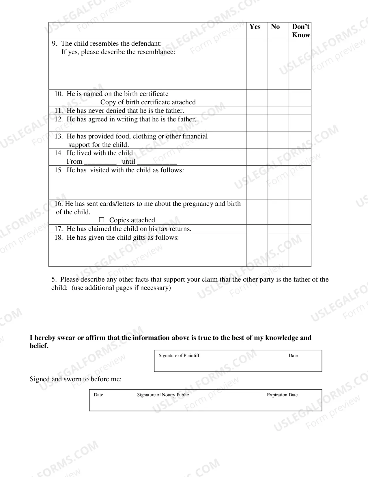 Preview Parentage Affidavit (for the mother)
