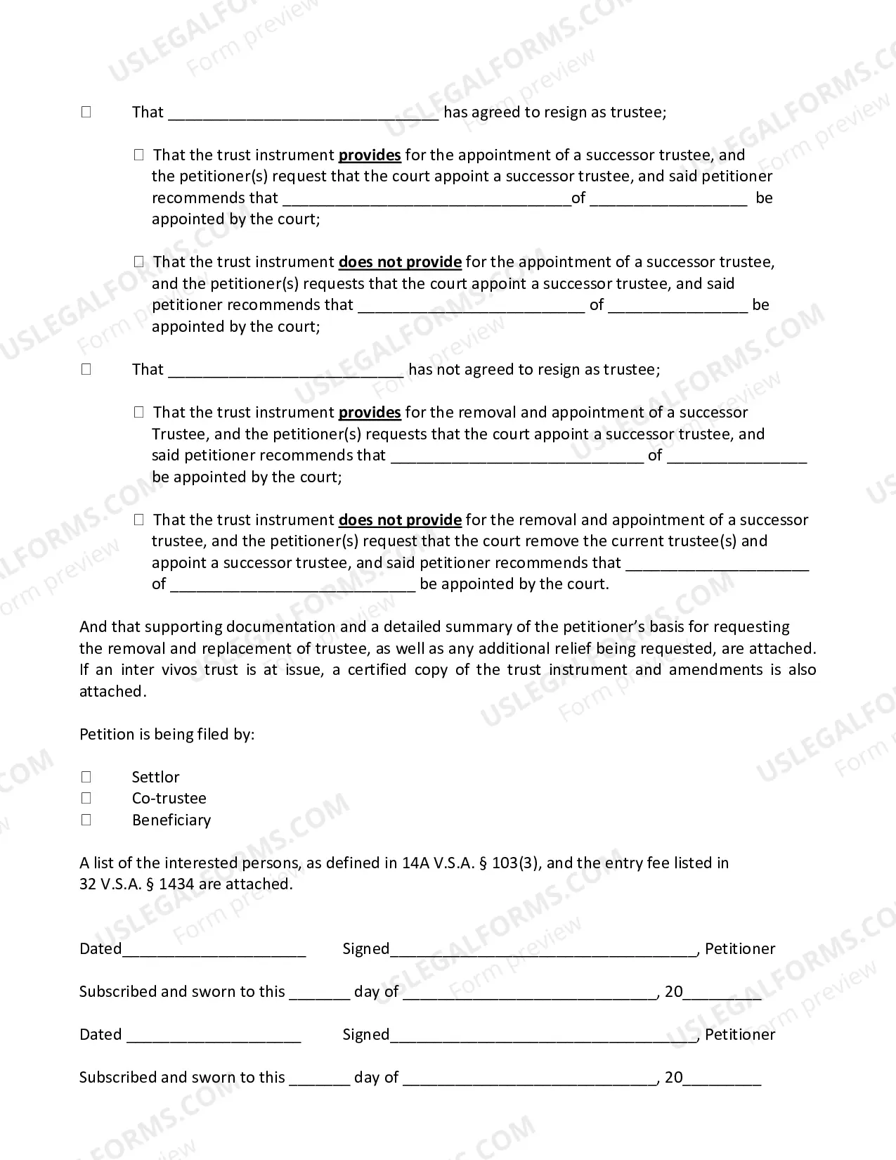 Preview Petition to Remove and Replace Trustee