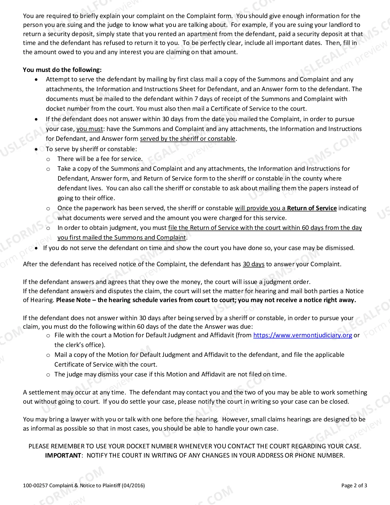 Preview Small Claims Information and Instructions for Plaintiff + Complaint