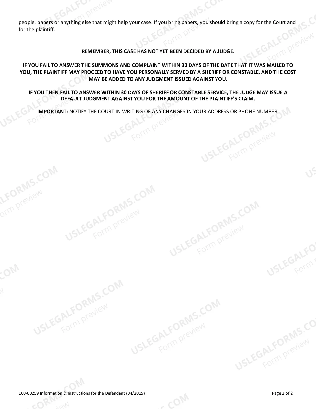 Preview Small Claims Information and Instructions for Defendant
