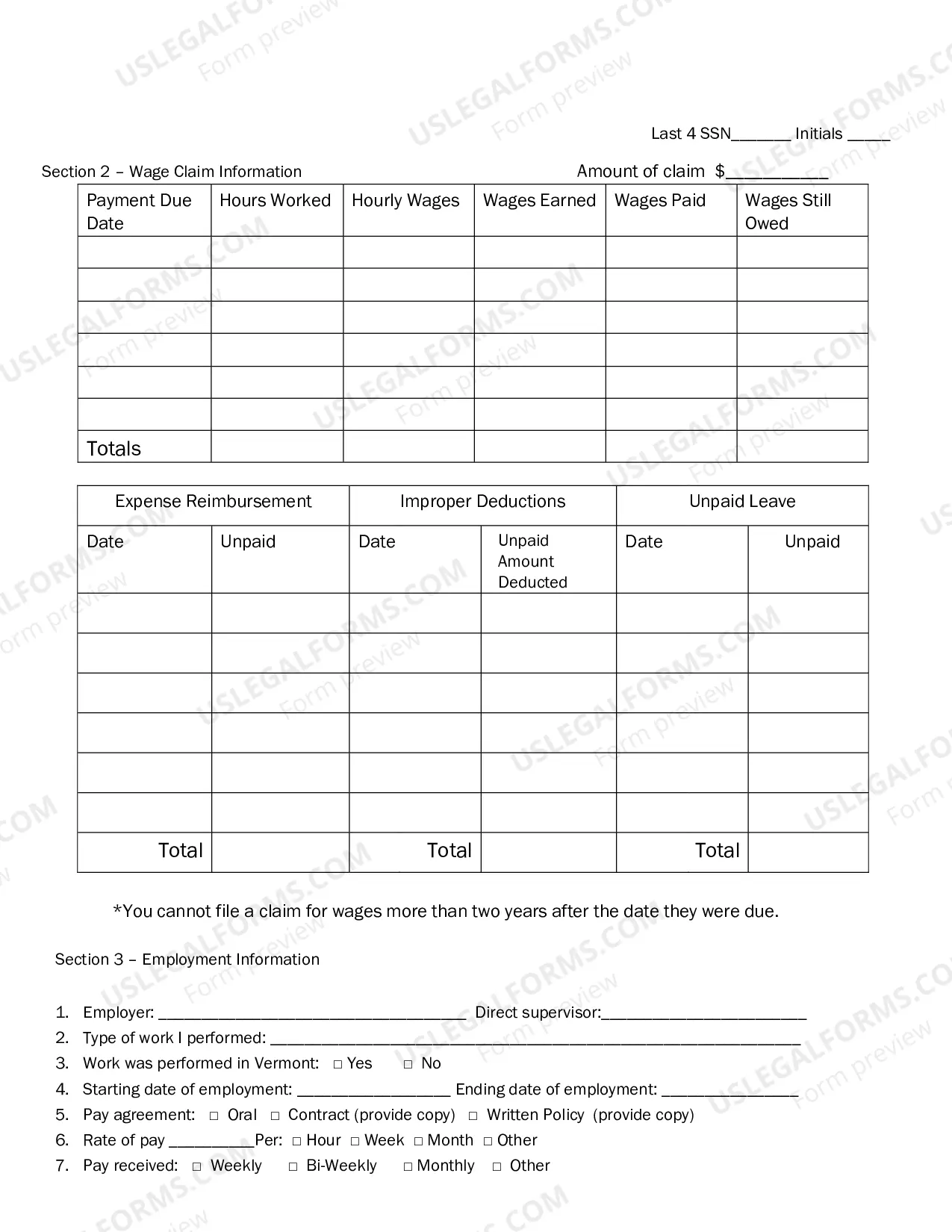 Preview Wage Claim Form