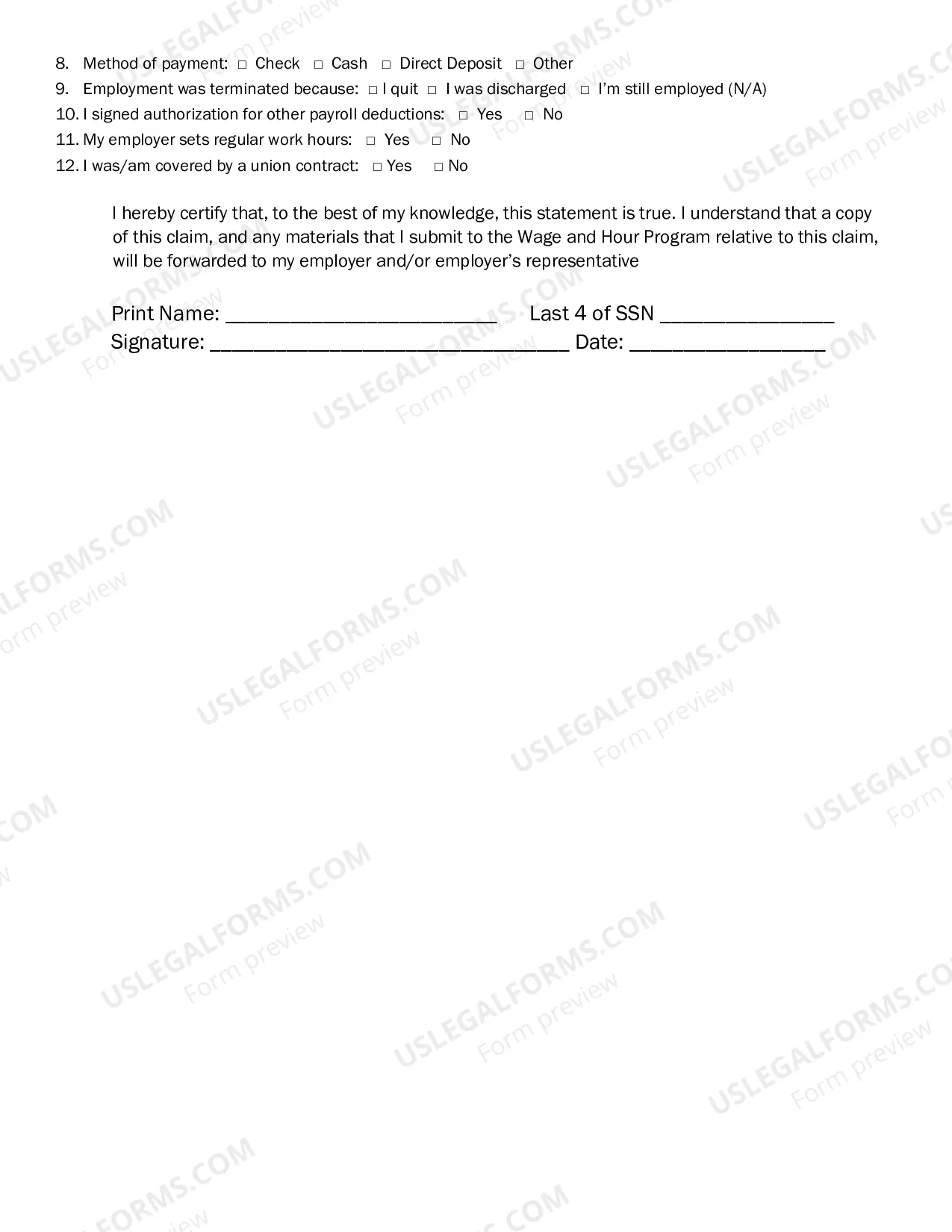 Preview Wage Claim Form