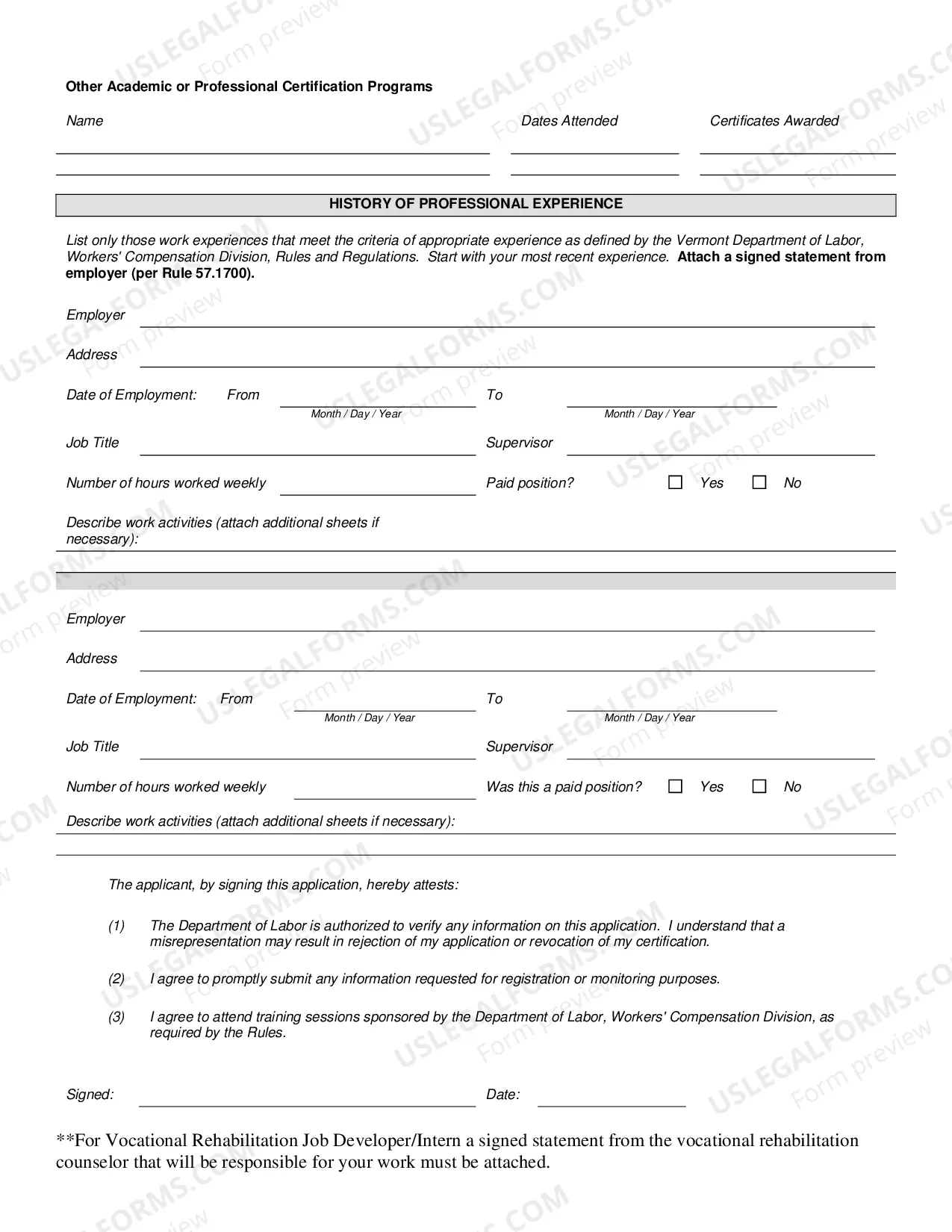 Preview Application for Certification as a Vermont Rehabilitation Professional