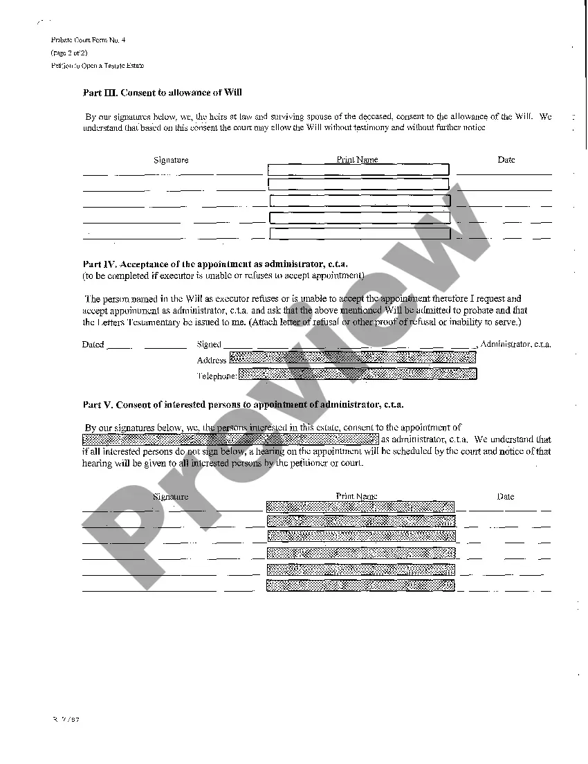 Preview Petition to Open a Testate Estate