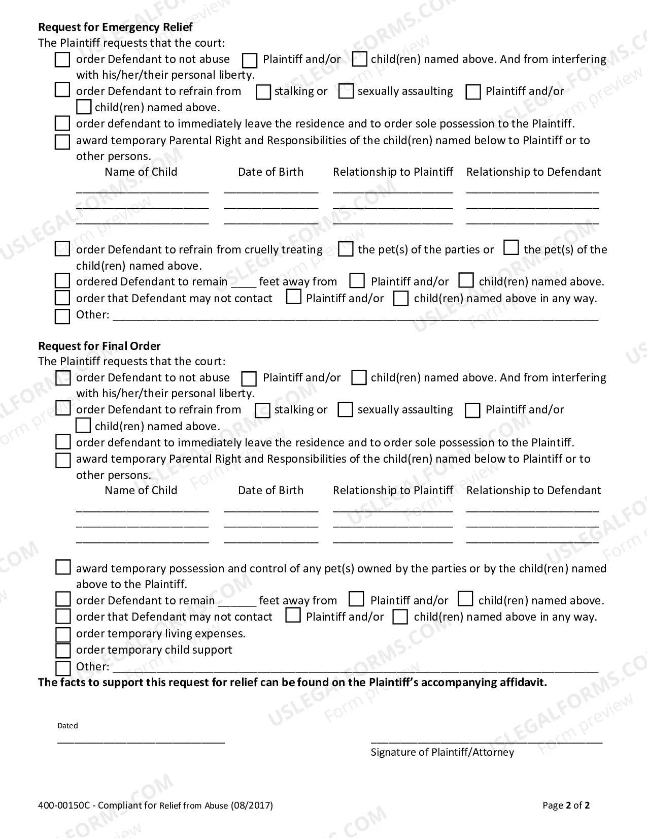 Preview Complaint for Relief from Domestic Abuse