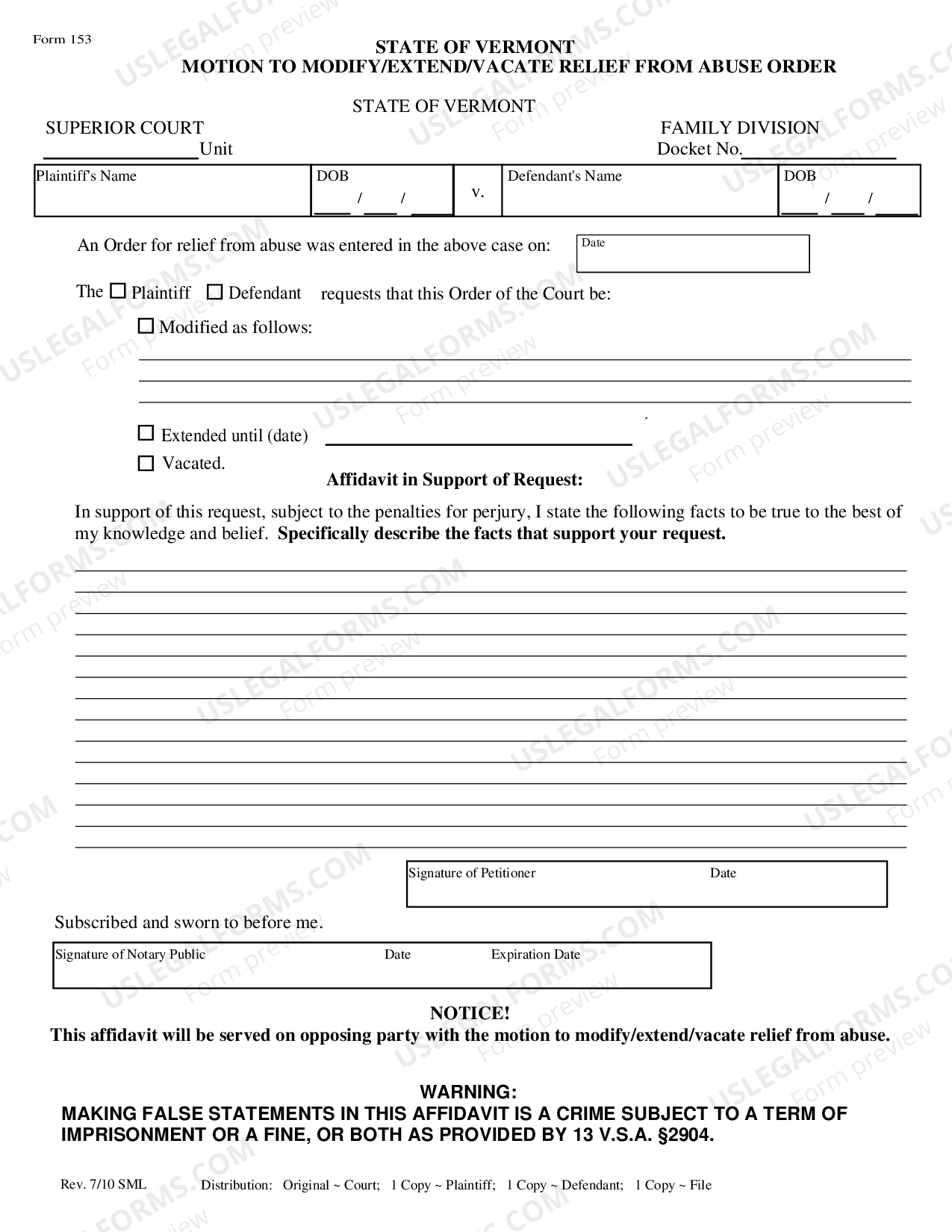 Vermont Motion to Modify Extend Vacate Relief from Abuse Order US