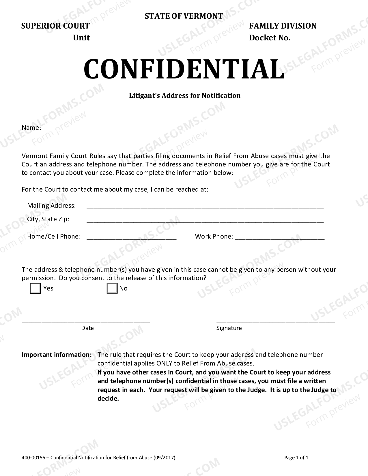 Vermont Confidentiality Notification Relief from Abuse US Legal Forms
