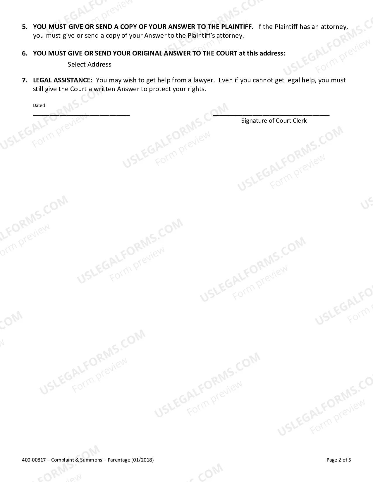 Preview Complaint for Establishment of Parentage