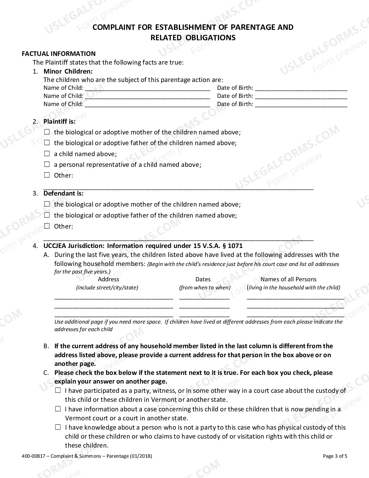 Preview Complaint for Establishment of Parentage