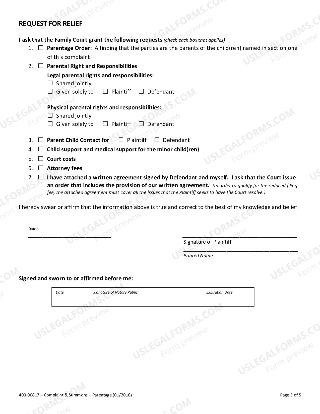 Preview Complaint for Establishment of Parentage
