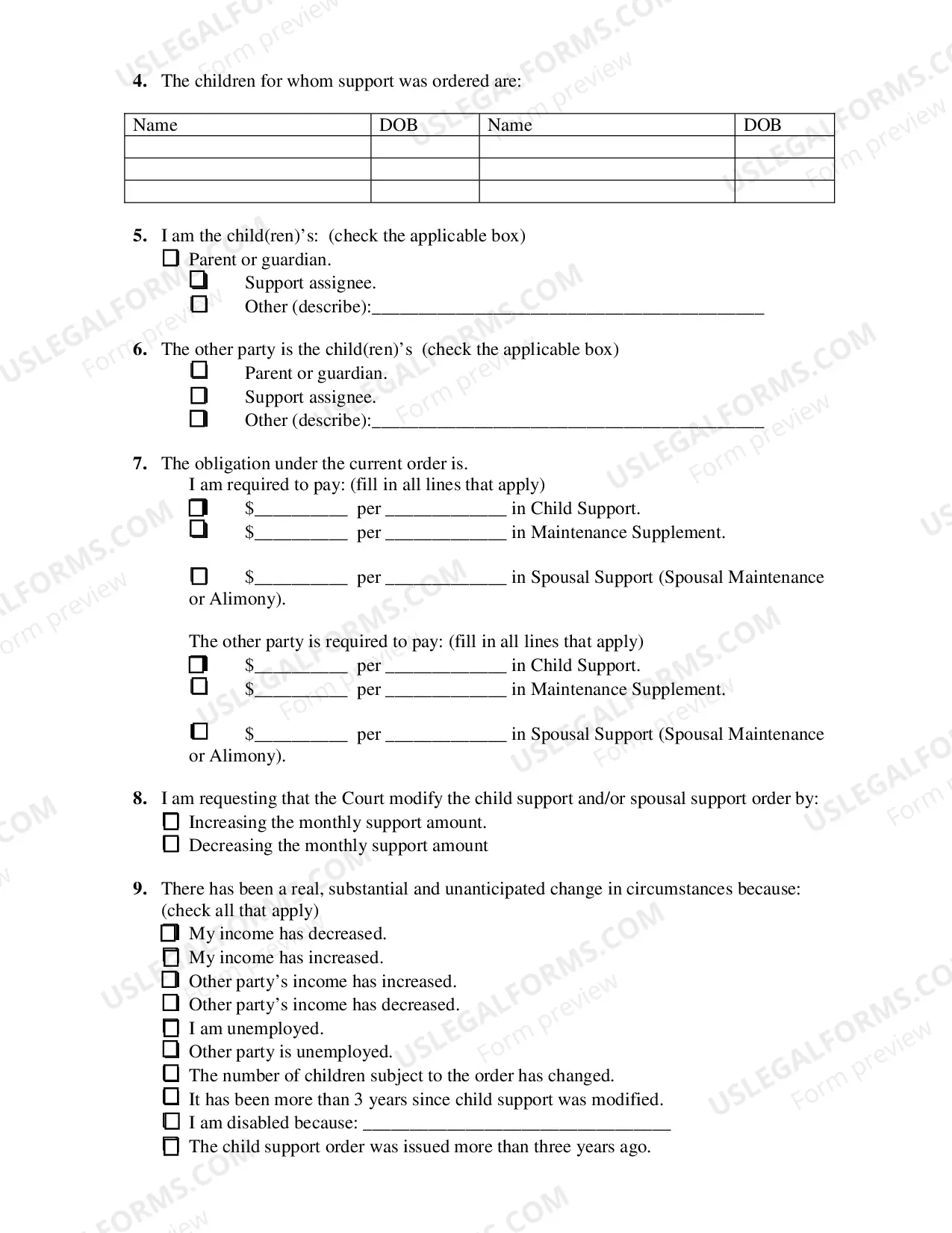 Preview Motion to Modify Child Support and/or Maintenance Supplement