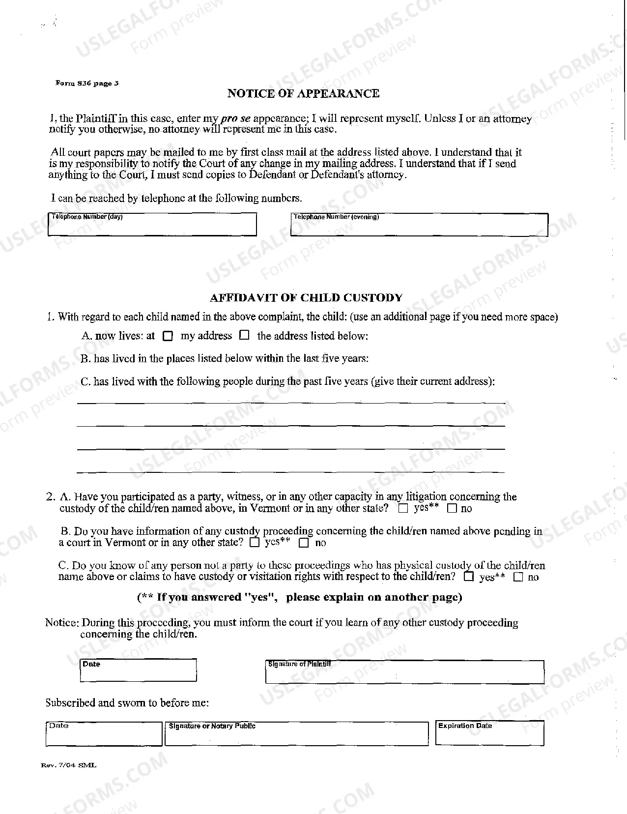 Preview Summons, Complaint for Divorce Notice of Appearance, and Affidavit of Child Custody
