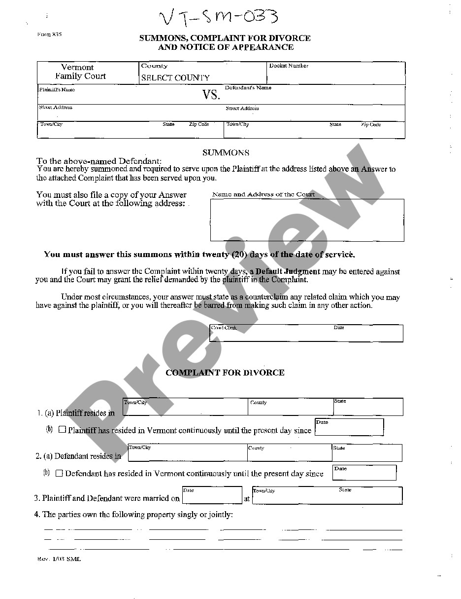 Vermont Summons Divorce Summons Us Legal Forms