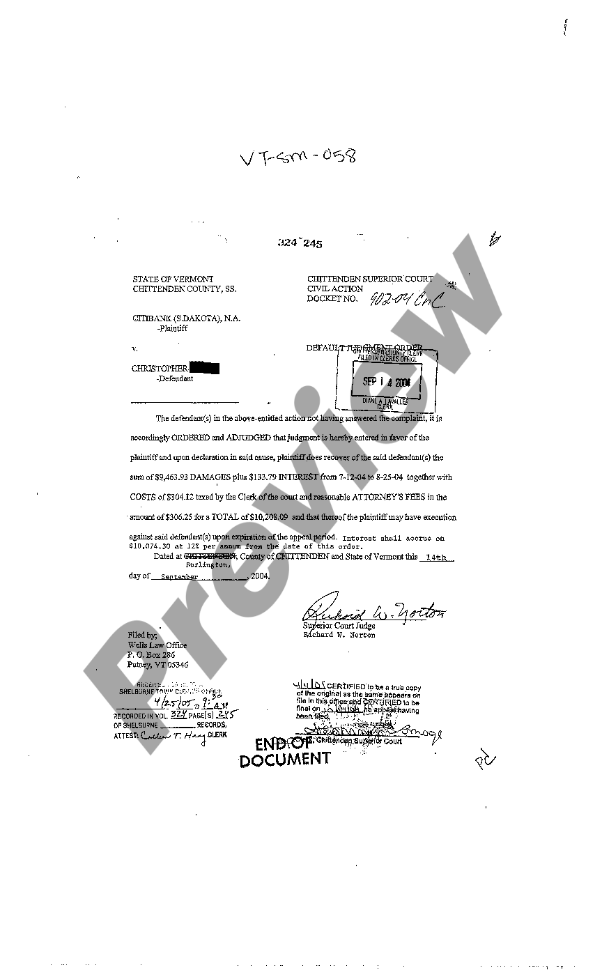 Vermont Default Judgment Order US Legal Forms