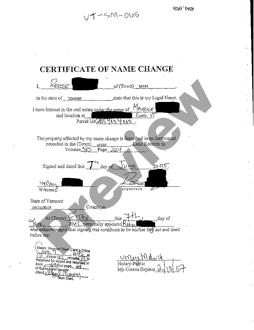 Vermont Certificate of Name Change Name Change In Vermont US Legal