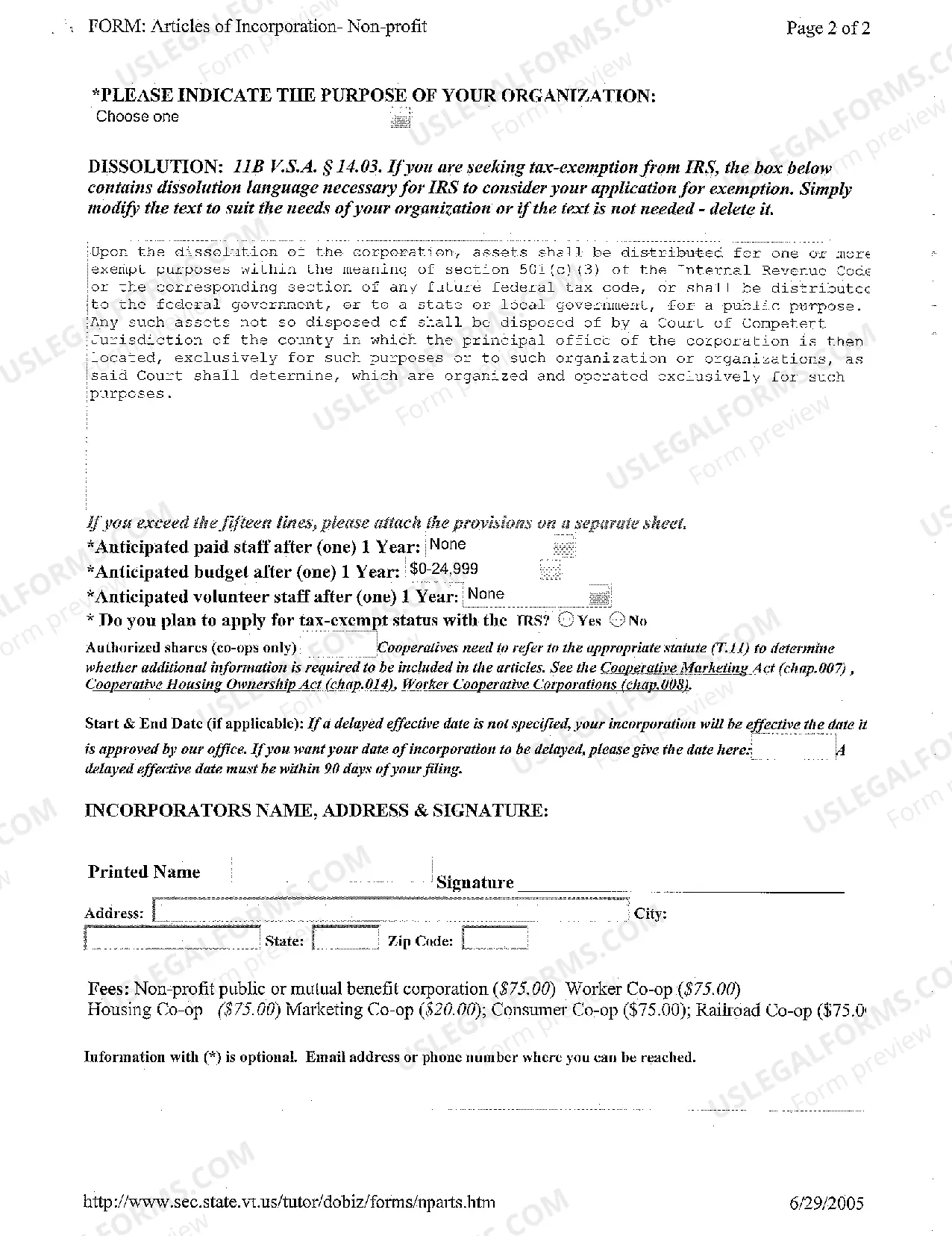 Preview Articles of Incorporation Form regarding Nonprofits and Cooperatives