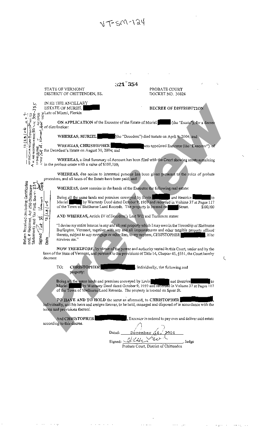 Vermont Decree of Distribution of Decedent's Property US Legal Forms