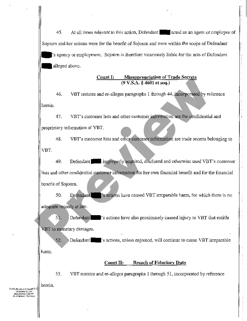 Preview A02 Complaint for Misappropriation of Trade Secrets, Tortious Interference with Business Relations, Breach of Loyalty, and Unfair Competition