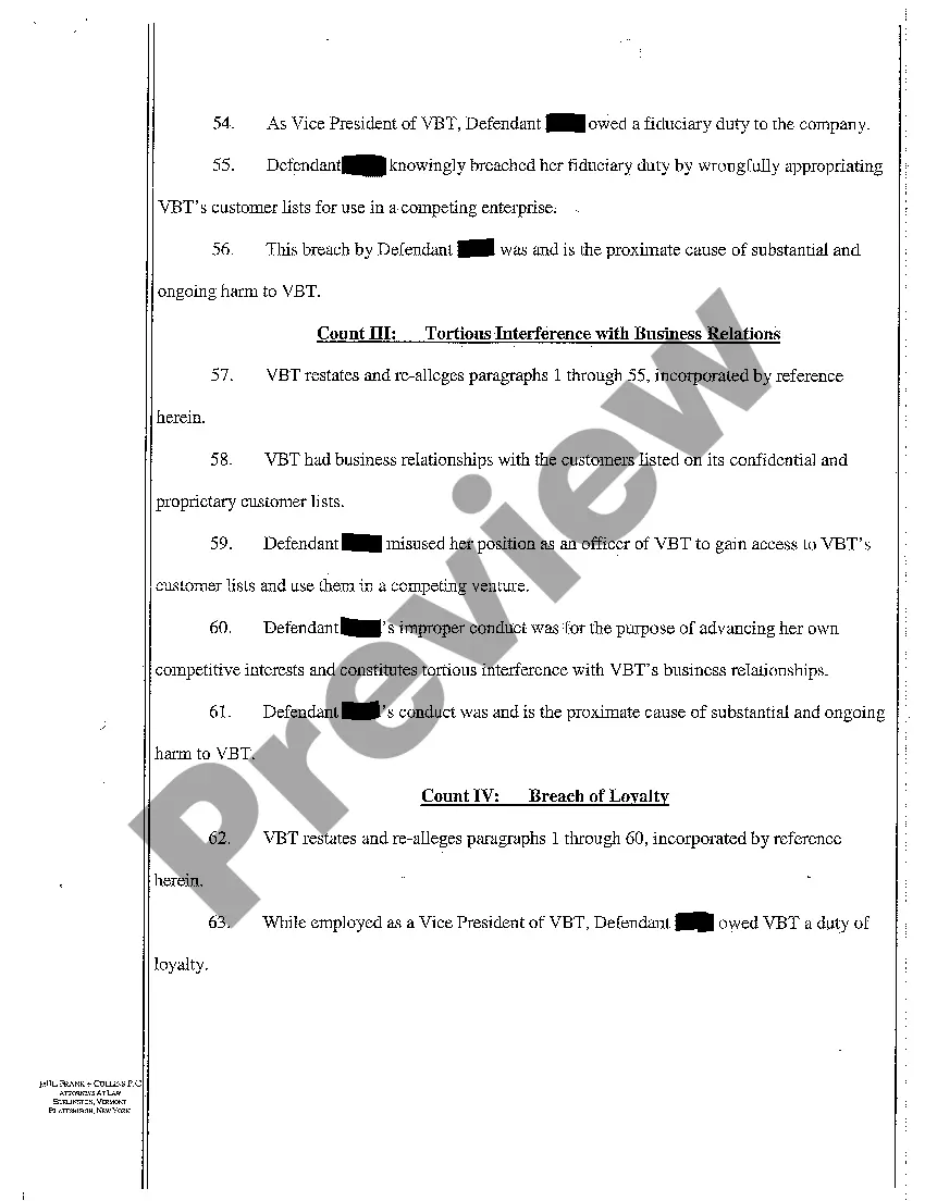 Preview A02 Complaint for Misappropriation of Trade Secrets, Tortious Interference with Business Relations, Breach of Loyalty, and Unfair Competition