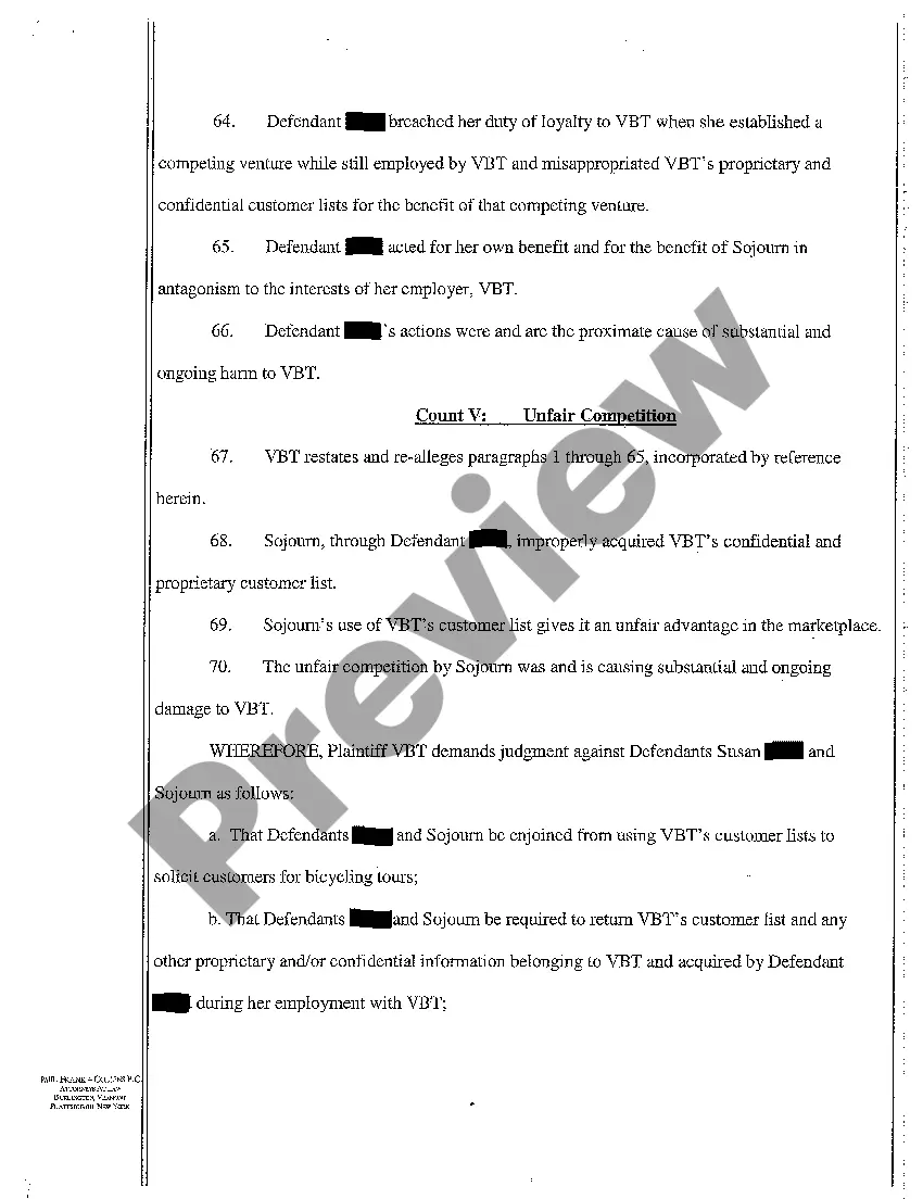 Preview A02 Complaint for Misappropriation of Trade Secrets, Tortious Interference with Business Relations, Breach of Loyalty, and Unfair Competition