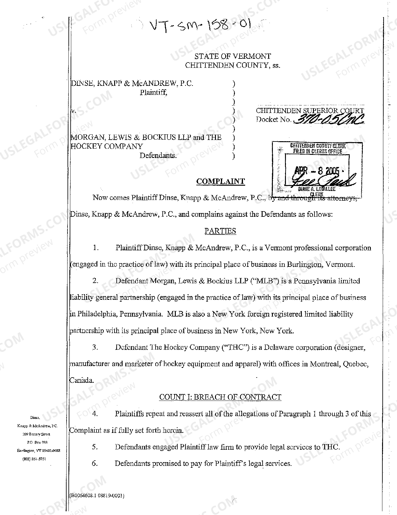 Vermont Complaint Breach of Contract to Pay Attorneys Fees US Legal Forms