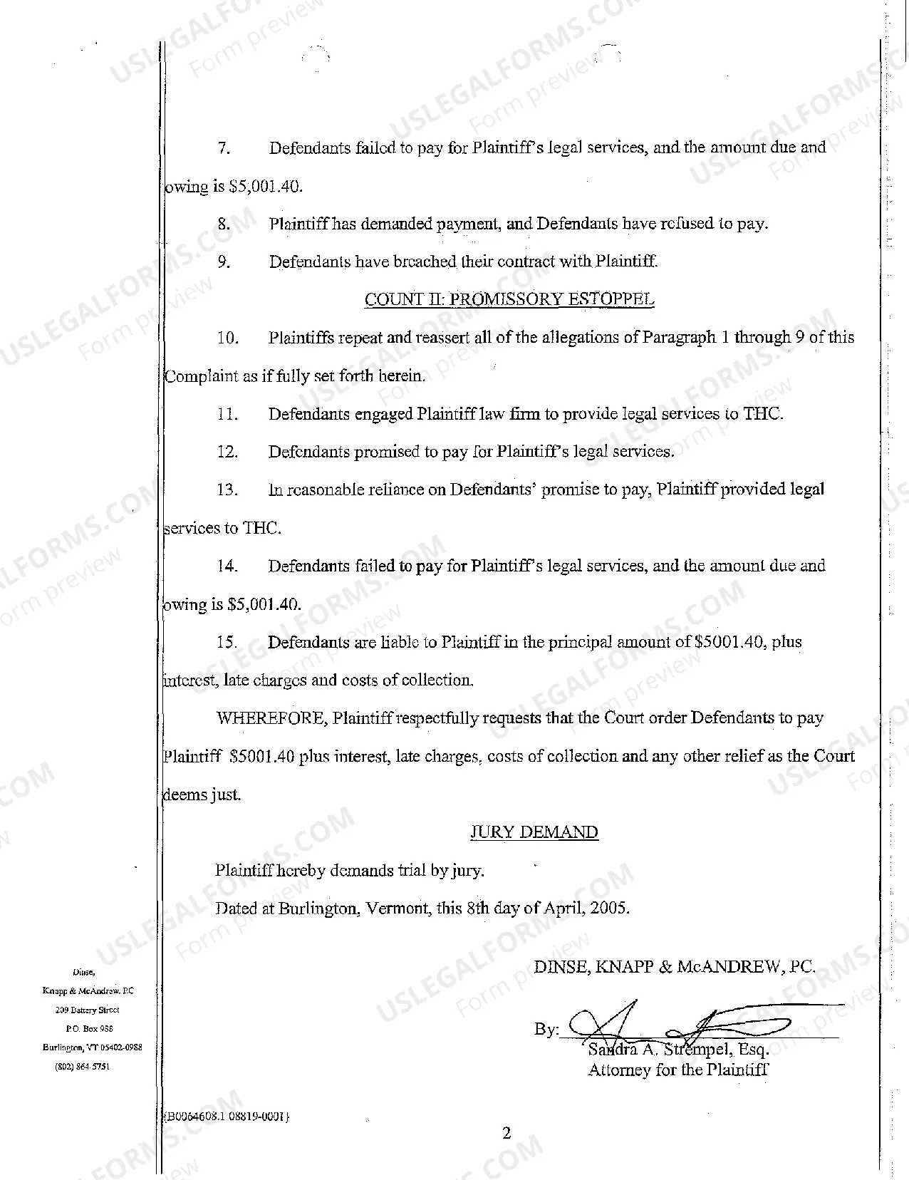 Preview A01 Complaint Breach of Contract to Pay Attorneys Fees