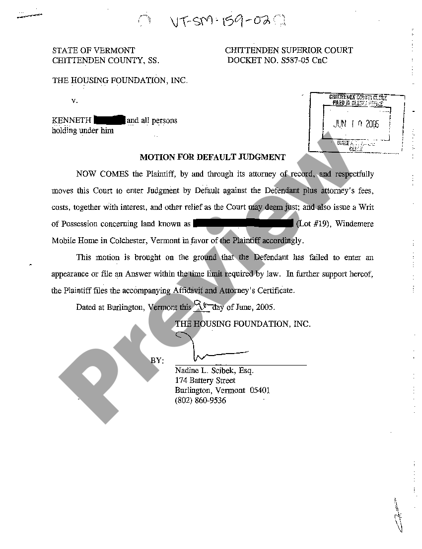 Vermont Motion for Default Judgment US Legal Forms