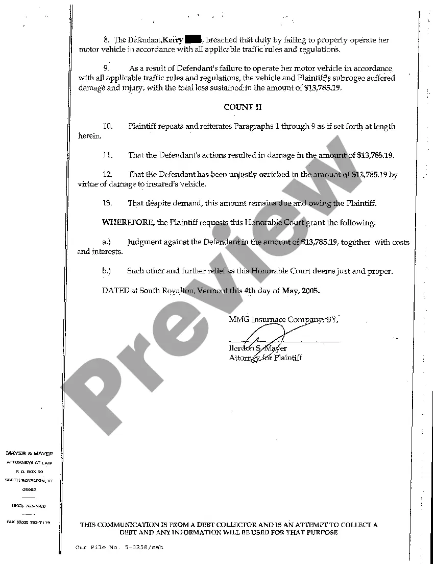 Preview A01 Complaint by Insurer Due to Automobile Accident Resulting in Personal Injury to Subrogee