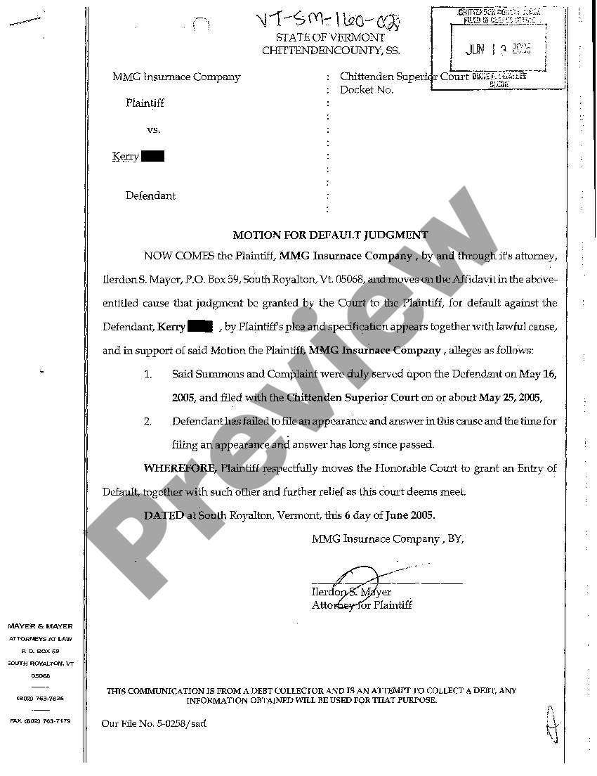 Vermont Motion for Default Judgment US Legal Forms
