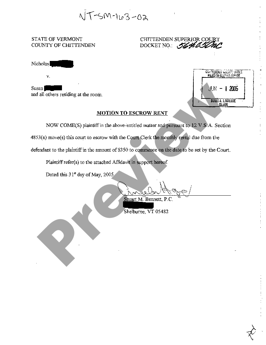 Vermont Motion to Escrow Rent US Legal Forms