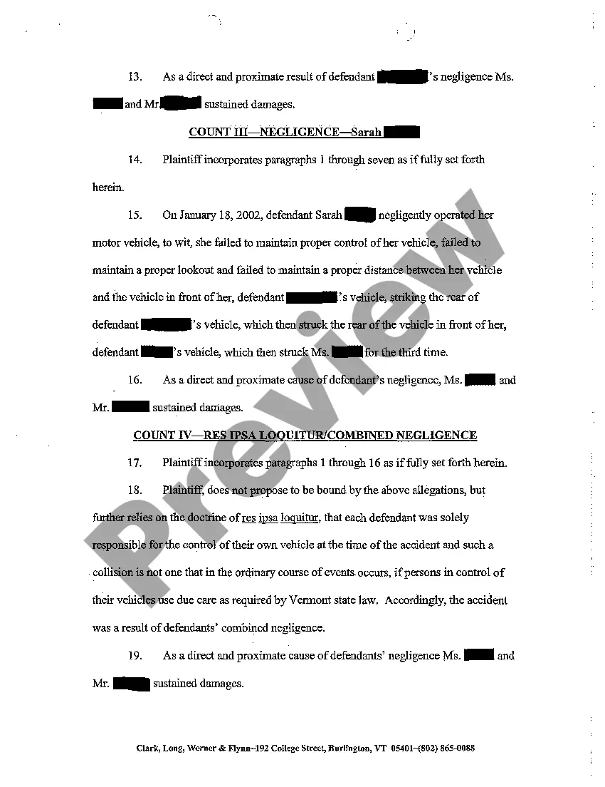 Preview Complaint for Personal Injury Due to Negligent Operation of Motor Vehicle - Multiple Collisions - Insurance Company as Plaintiff