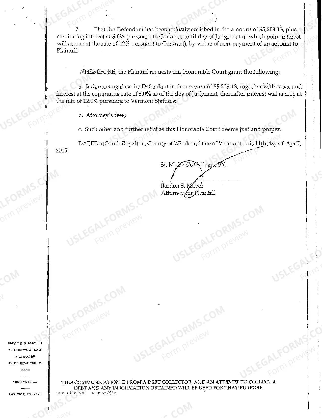 Preview Complaint for Past Due Account Owed to College