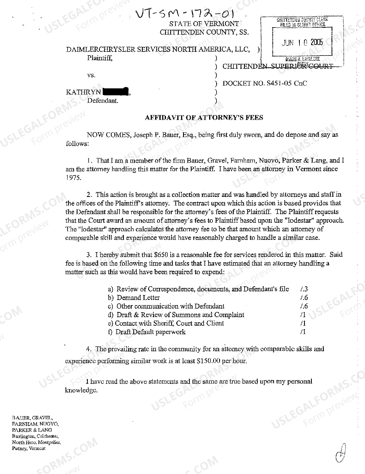 Vermont Affidavit of Attorney's Fees US Legal Forms